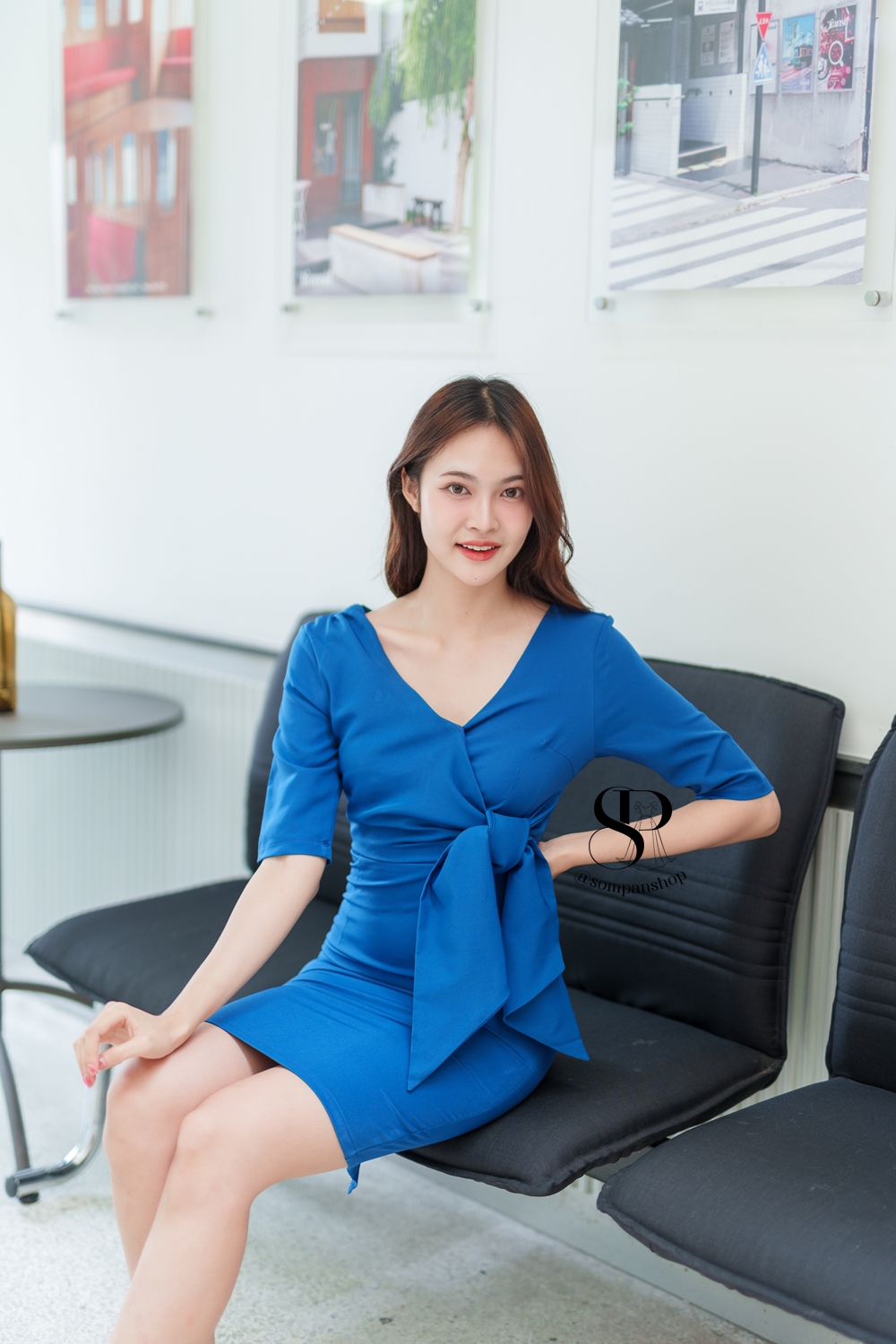 ชุดเดรสออกงานสีฟ้าน้ำทะเล ทรงเข้ารูป แขนสามส่วน แบบสวยเรียบหรูดูดี ใส่เป็นชุดออกงาน ชุดไปงานแต่งงาน ชุดราตรี กลางวัน กลางคืน