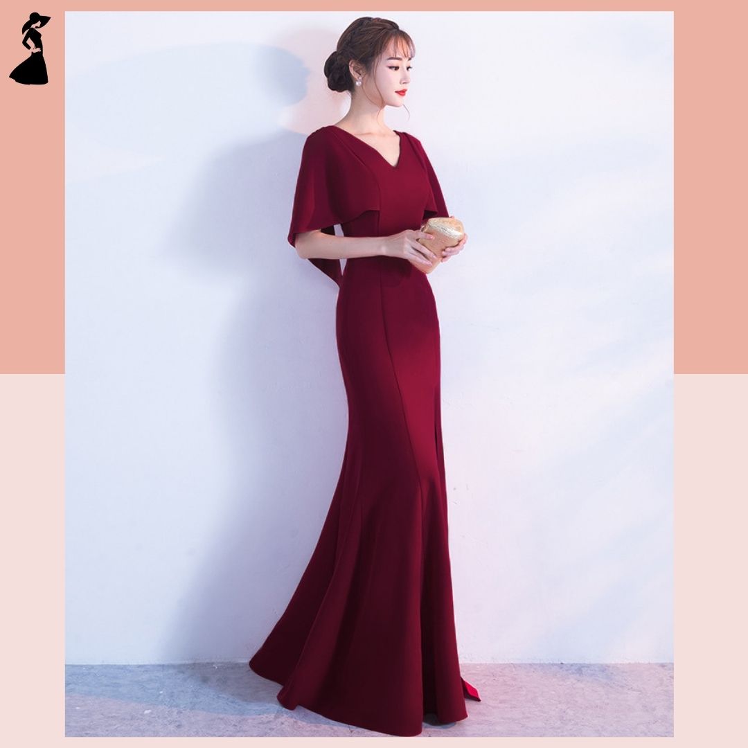 ชุดราตรี ชุดออกงาน ชุดไปงานแต่งงานสีแดงไวน์ แขนทรงปีกค้างคาว กระโปรงยาวผ่าหน้า แนวเรียบหรู สวยหรูดูแพง สำเนา