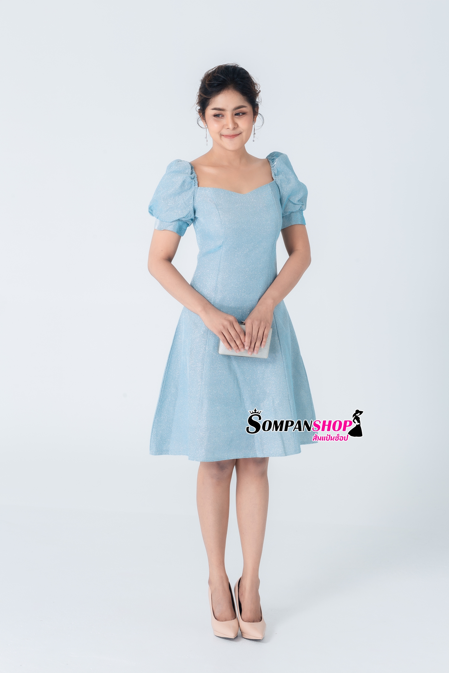 ชุดออกงานราตรีสั้นสีฟ้า แขนตุ๊กตา กระโปรงสั้นทรงเอ แนวเรียบหรูสวยหวาน น่ารักๆ