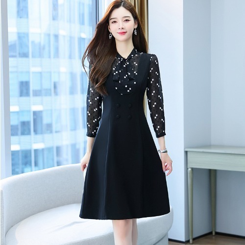 พร้อมส่ง !! ชุดเดรสสั้นสีดำ ผูกโบว์ แขนยาว กระโปรงคลุมเข่า แนวเรียบร้อย สวยสง่า ใส่ดูดี