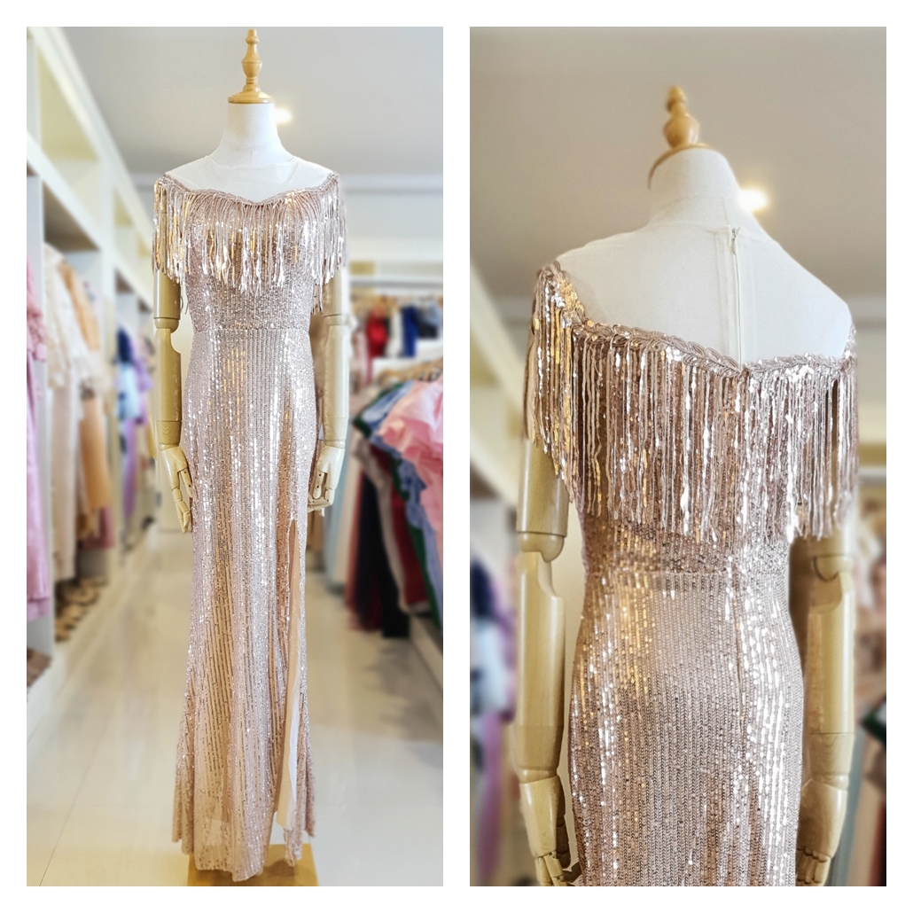 ชุดราตรี ชุดออกงาน ชุดไปงานแต่งงานสีทอง อกแต่งระบายสวยหรู ผ้าปักเลื่อม แนวเรียบหรู สวยสง่ามากๆ