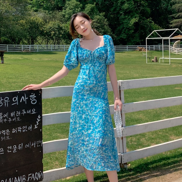 ชุดเดรสยาวสีฟ้า แขนจั๊มตุ๊กตา สวยๆ น่ารักๆ ใส่เป็นชุดเดรสลำลอง ชุดใส่เที่ยวทะเล