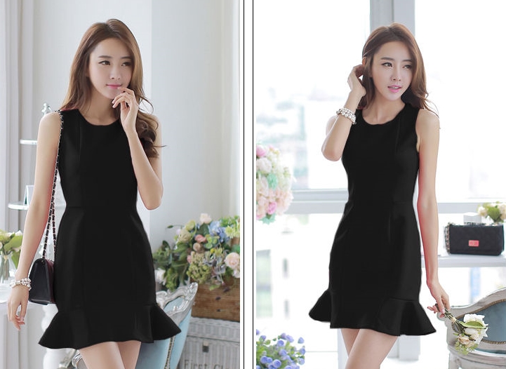 ชุดเดรสสั้นสีดำ ทรงเข้ารูป ชายกระโปรงแต่งระบาย สไตล์เรียบๆ สวยดูดี