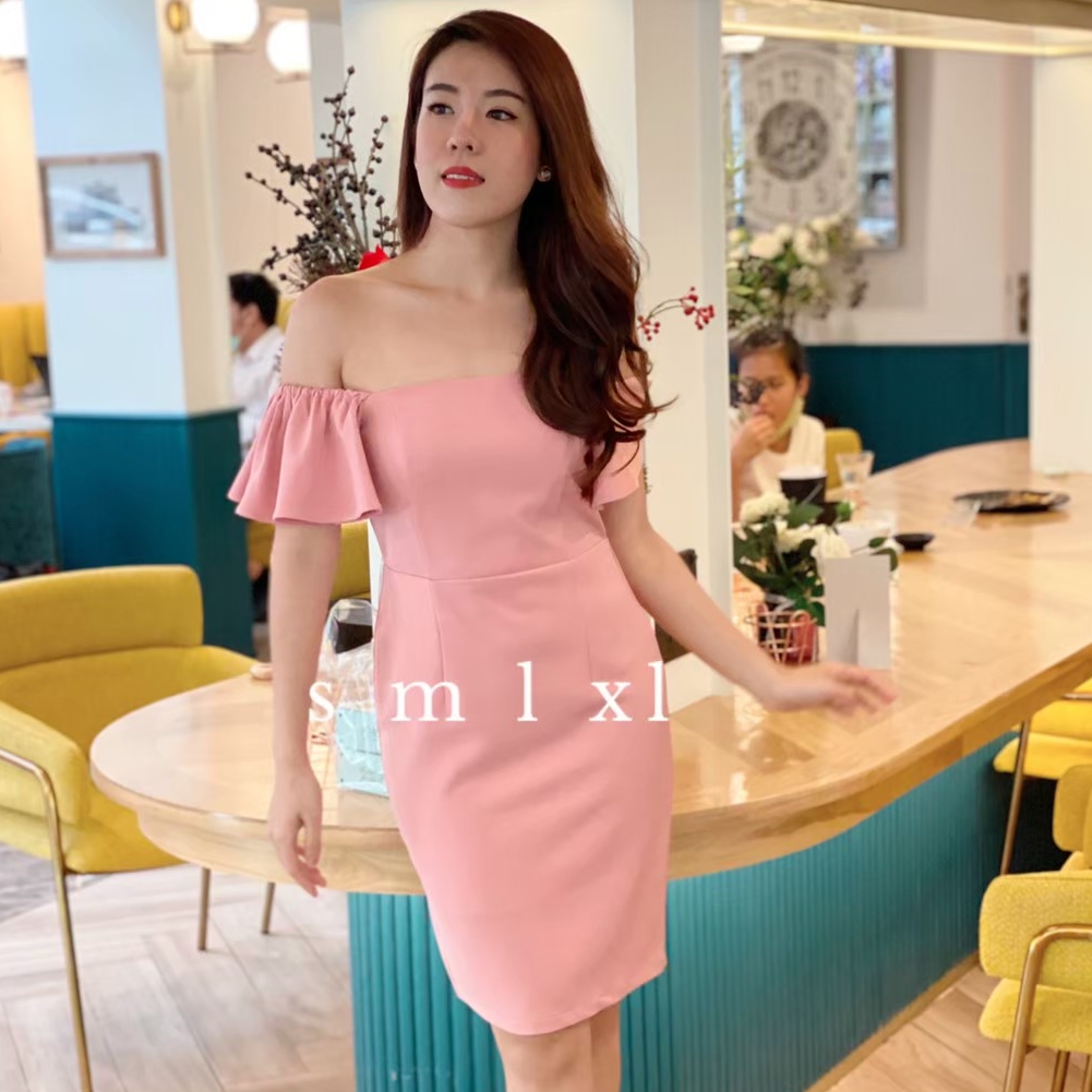 ชุดเดรสออกงานสีชมพู เปิดไหล่ สำเนา