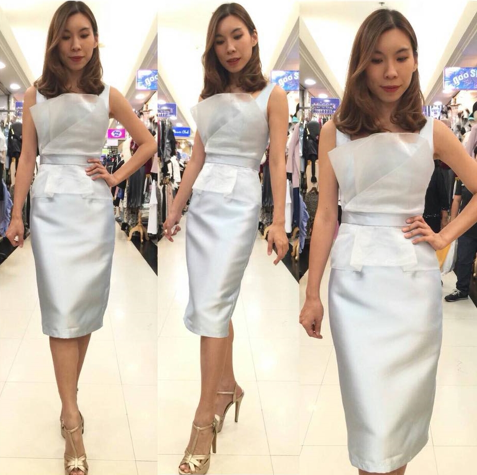 ชุดออกงานราตรีสั้น/ชุดไปงานแต่งงานสีฟ้า อกแต่งจีบผ้าไหมแก้วสวยเก๋ กระโปรงสั้นทรงเอเข้ารูป