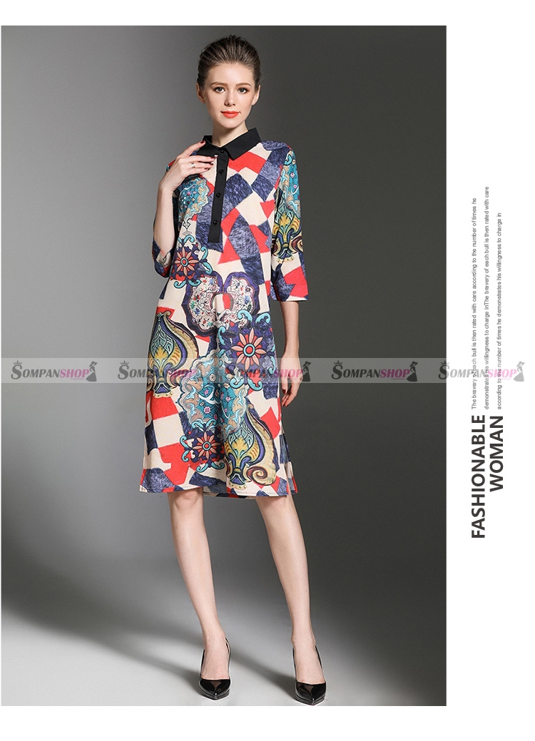 ชุดเดรสสั้นพิมพ์ลายสวยๆ เก๋ คอปก ทรงปล่อย แขนสามส่วน