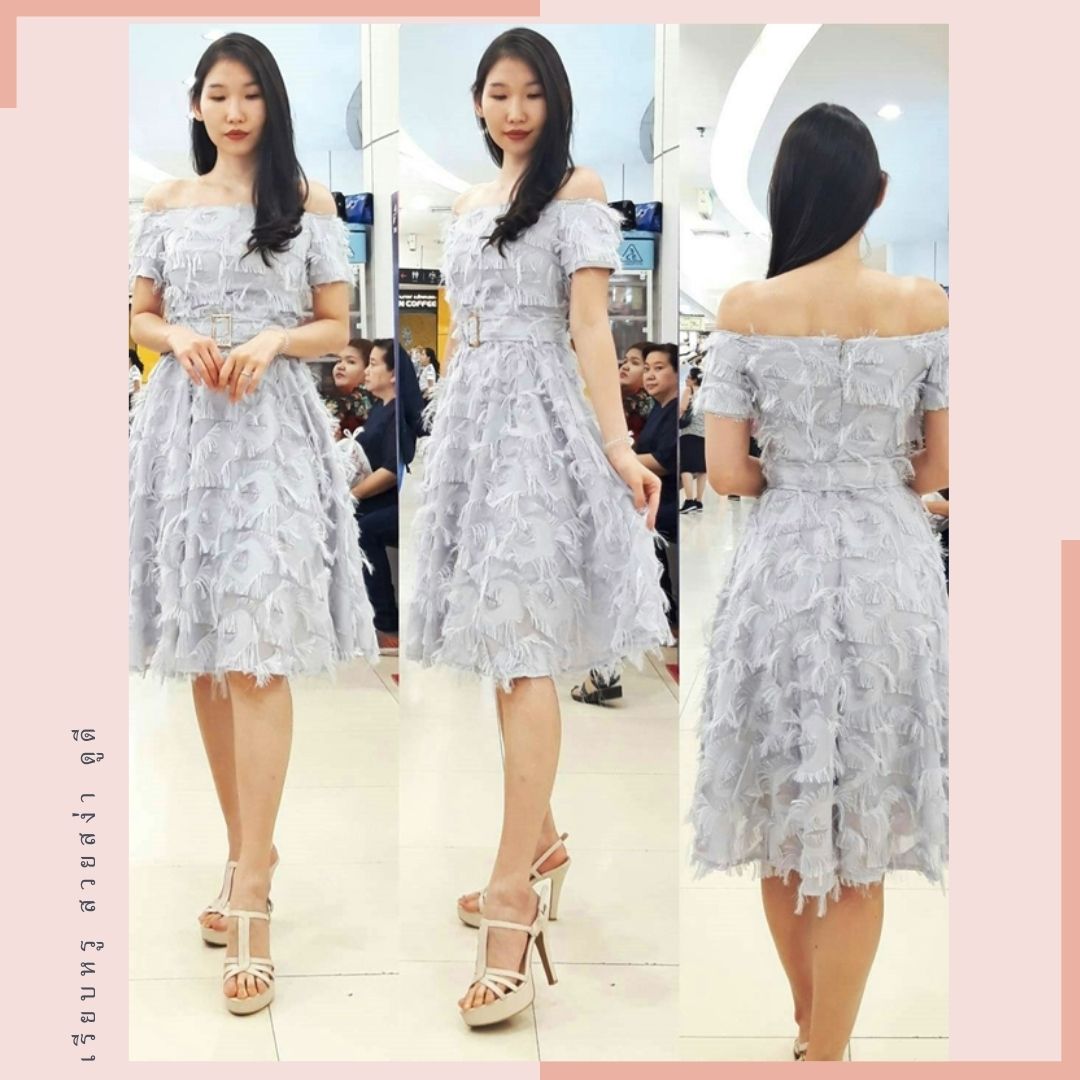 ชุดออกงานสีเทา ปาดไหล่ แขนสั้น กระโปรงสั้นทรงบาน ผ้าขน แถมเข็มขัด