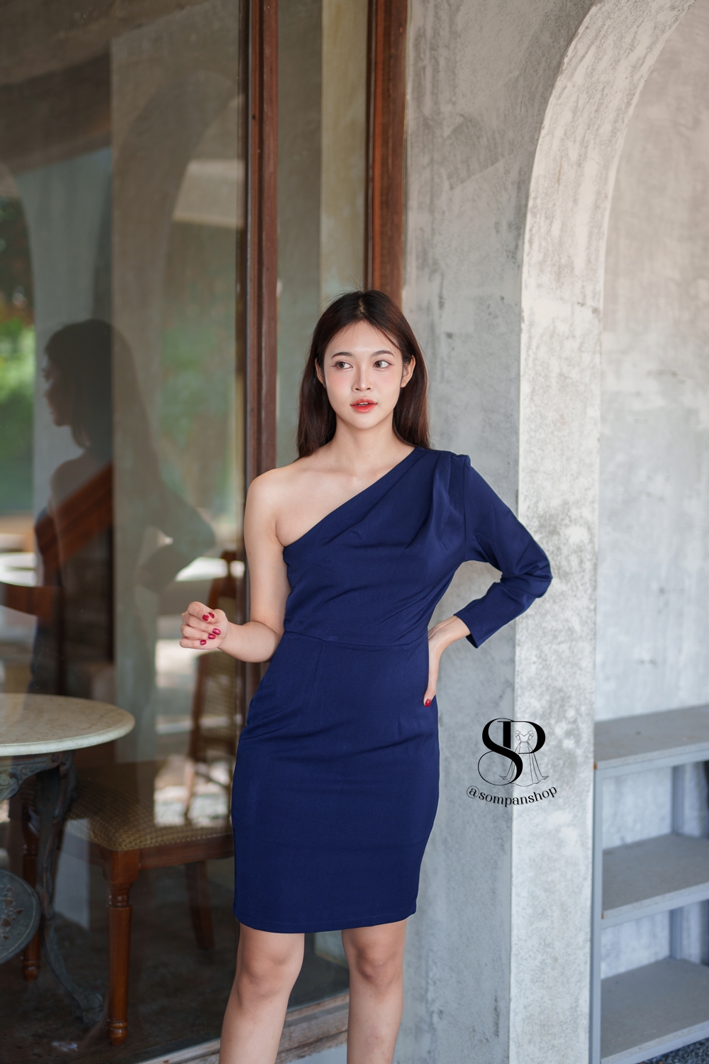 พร้อมส่ง !! ชุดไปงานแต่งงานสีน้ำเงินกรมท่า ไหล่เฉียงข้าง เรียบหรู สวย ดูดี ใส่เป็น ชุดราตรี ชุดออกงาน ชุดไปงานแต่งงาน กลางวัน กลางคืน