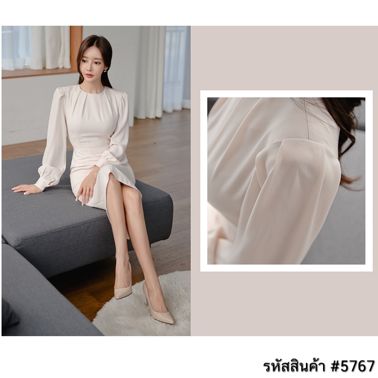 ชุดเดรสสั้นสีครีมเบจ แขนสั้น กระโปรงทรงบาน แนวเรียบร้อย สวยสุภาพ