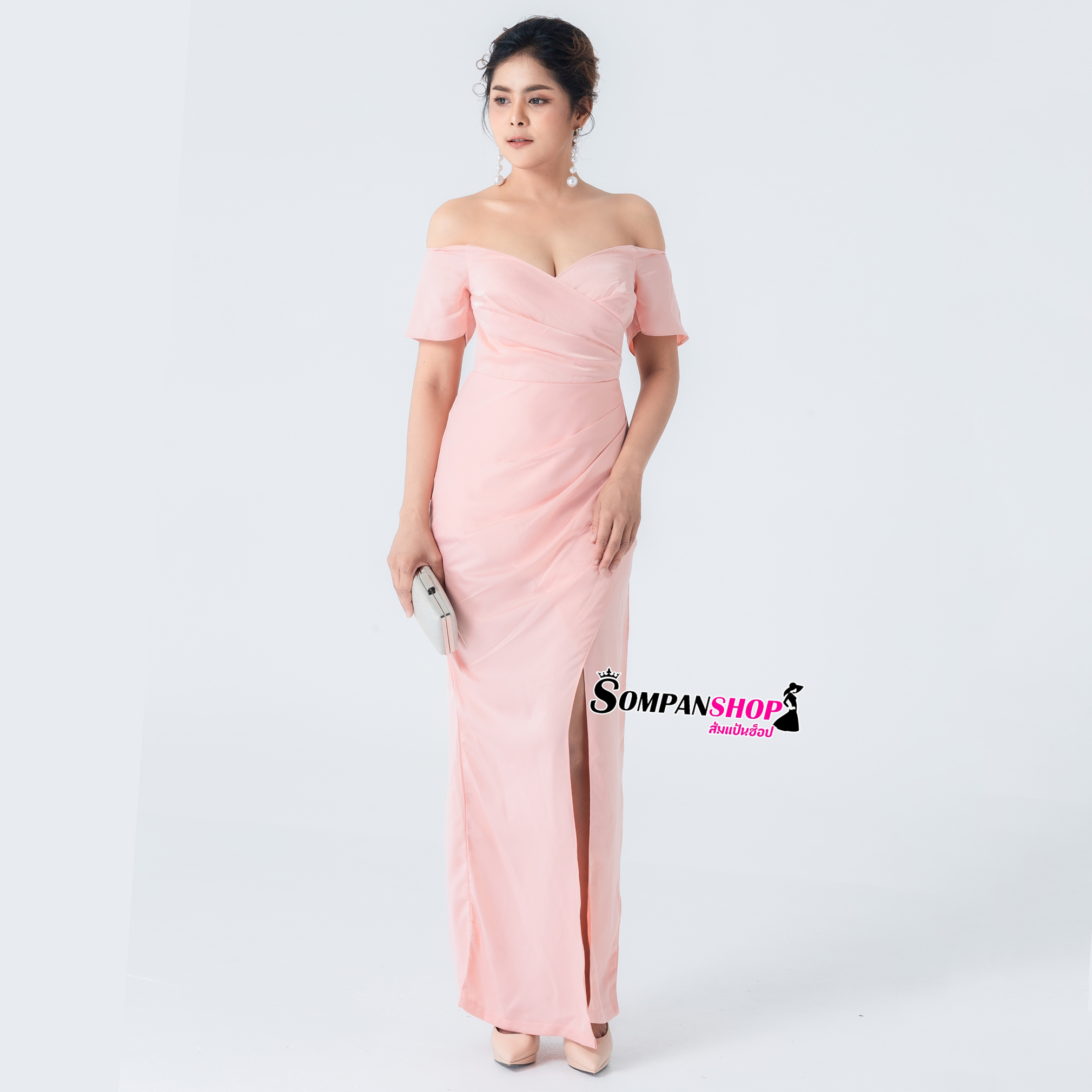 ชุดออกงานสีโอรส เดรสยาวเปิดไหล่ปิดต้นแขน แนวเรียบหรู สวย ดูดี ใส่เป็นชุดราตรี ชุดออกงาน ชุดไปงานแต่งงาน กลางวัน กลางคืน