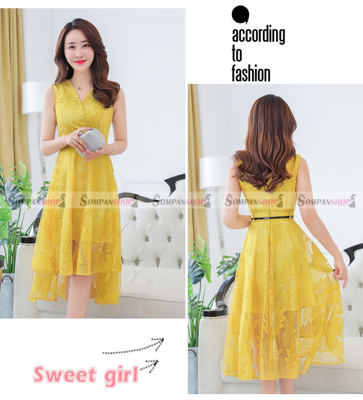 Sale ลดแรงส่งท้ายปี : ชุดเดรสสั้นสีเหลือง คอวีป้าย แขนกุด กระโปรงทรงบานหน้าสั้น-หลังยาว