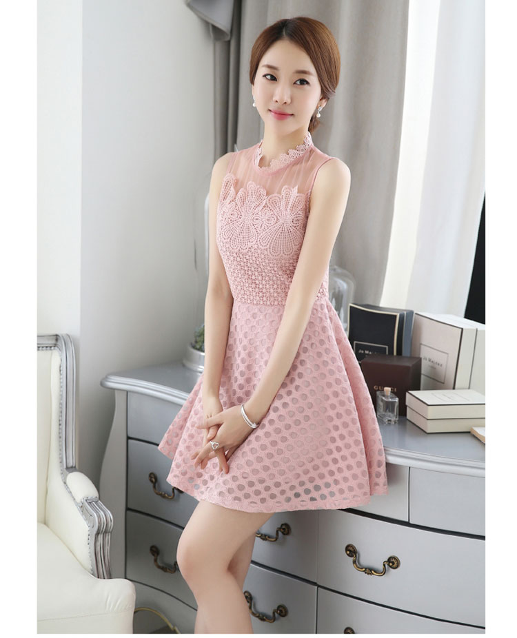 ชุดเดรสสั้นสีชมพูโอรส ผ้าลูกไม้ แขนกุด แนวสวยหวาน น่ารัก สไตล์เกาหลี