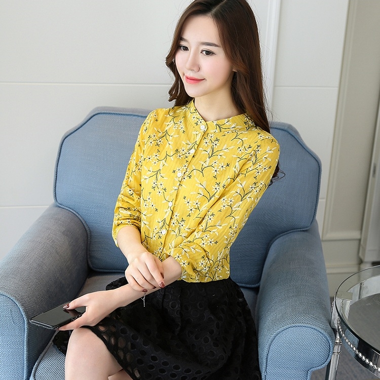 เสื้อเชิ้ตผู้หญิงสีเหลือง คอจีน กระดุมหน้า แขนยาว