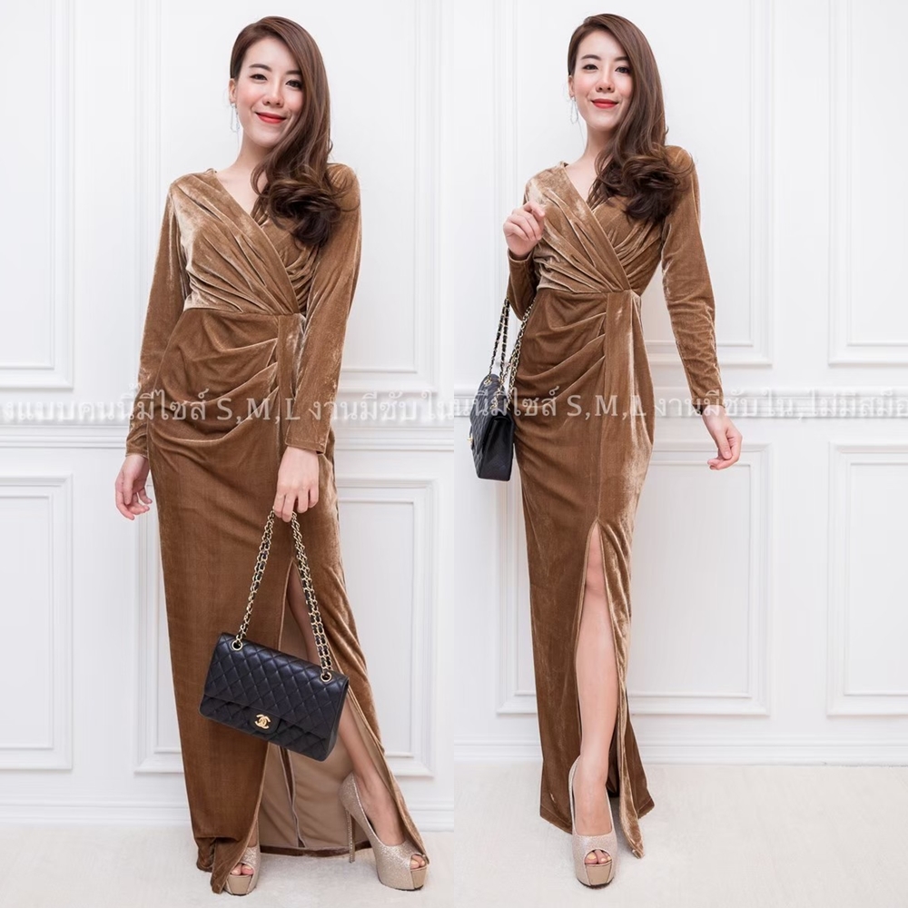 ชุดราตรี ชุดออกงาน ชุดไปงานแต่งงานสีน้ำตาล ผ้ากำมะหยี แขนยาว