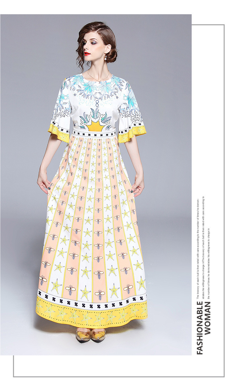 ชุดเดรสยาวสีเหลืองพิมพ์ลายดอกไม้ ลายดาว แขนสามส่วนทรงกว้าง กระโปรงยาวทรงบาน