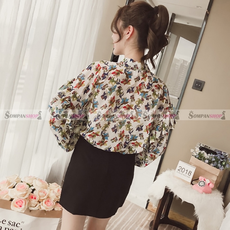 เสื้อเชิ้ตผู้หญิงสีขาว แขนยาว ลายดอกไม้ ผูกโบว์ที่คอเสื้อน่ารัก
