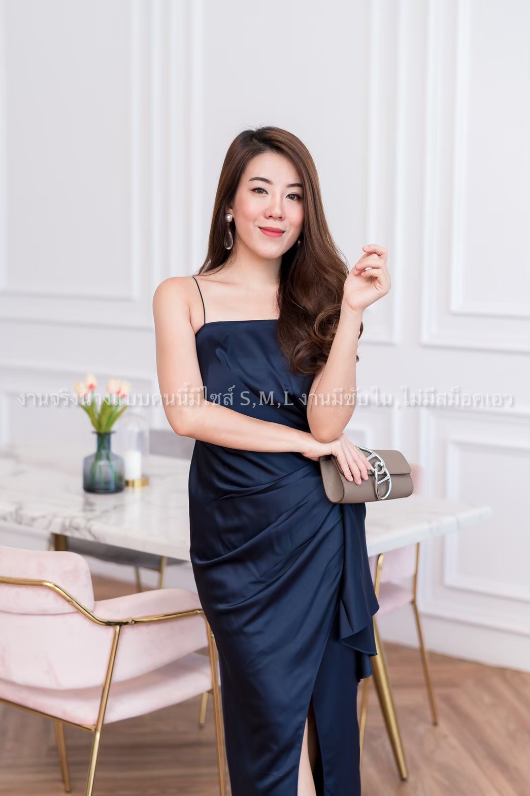 ชุดราตรี ชุดออกงาน ชุดไปงานแต่งงานสีกรมท่า เดรสยาวออกงานสายเดี่ยวเอวระบายสวยๆ