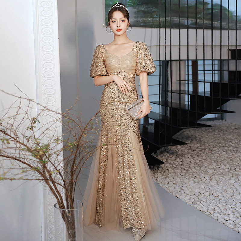 ชุดราตรียาวสีทอง สวยเรียบหรูดูแพง ใส่งานกลางวัน กลางคืน งานแต่งงาน