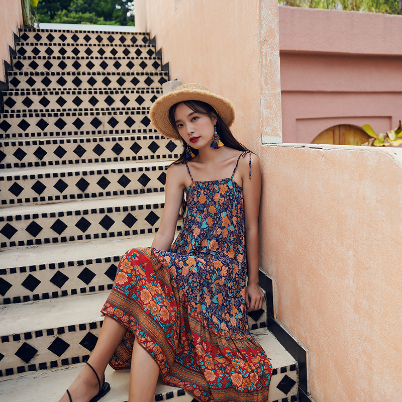 พร้อมส่ง !! ชุดเดรสยาวลายโบฮีเมียนสีน้ำเงินกรมท่า แฟชั่นชุดไปเที่ยวทะเลสวยๆ ใส่เดินเล่นริมทะเล ใส่ถ่ายรูป