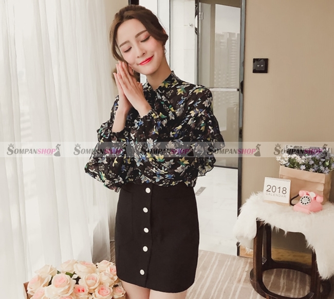 เสื้อเชิ้ตผู้หญิงสีดำ แขนยาว ลายดอกไม้ ผูกโบว์ที่คอเสื้อน่ารัก