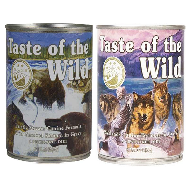 Taste of the wild อาหารสุนัขแบบเปียก สูตรเนื้อปลาแซลมอนในน้ำ 1 กระป๋อง และสูตรเนื้อเป็ดในน้ำเกรวี่ 1 กระป๋อง