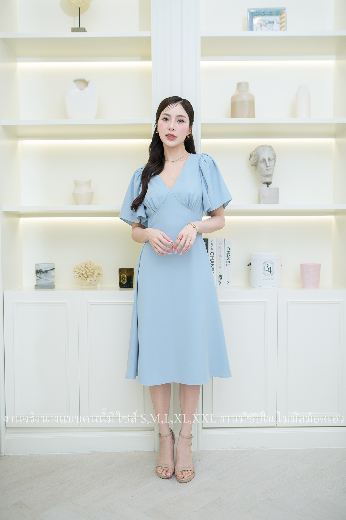 ชุดราตรี ชุดออกงาน ชุดไปงานแต่งงาน เดรสสั้นแขนระบาย กระโปรงคลุมเข่า แนวเรียบหรู สวยดูดี ใส่ได้ทั้งงานกลางวัน/งานกลางคืน : สี ขาว/ฟ้า/ชมพู