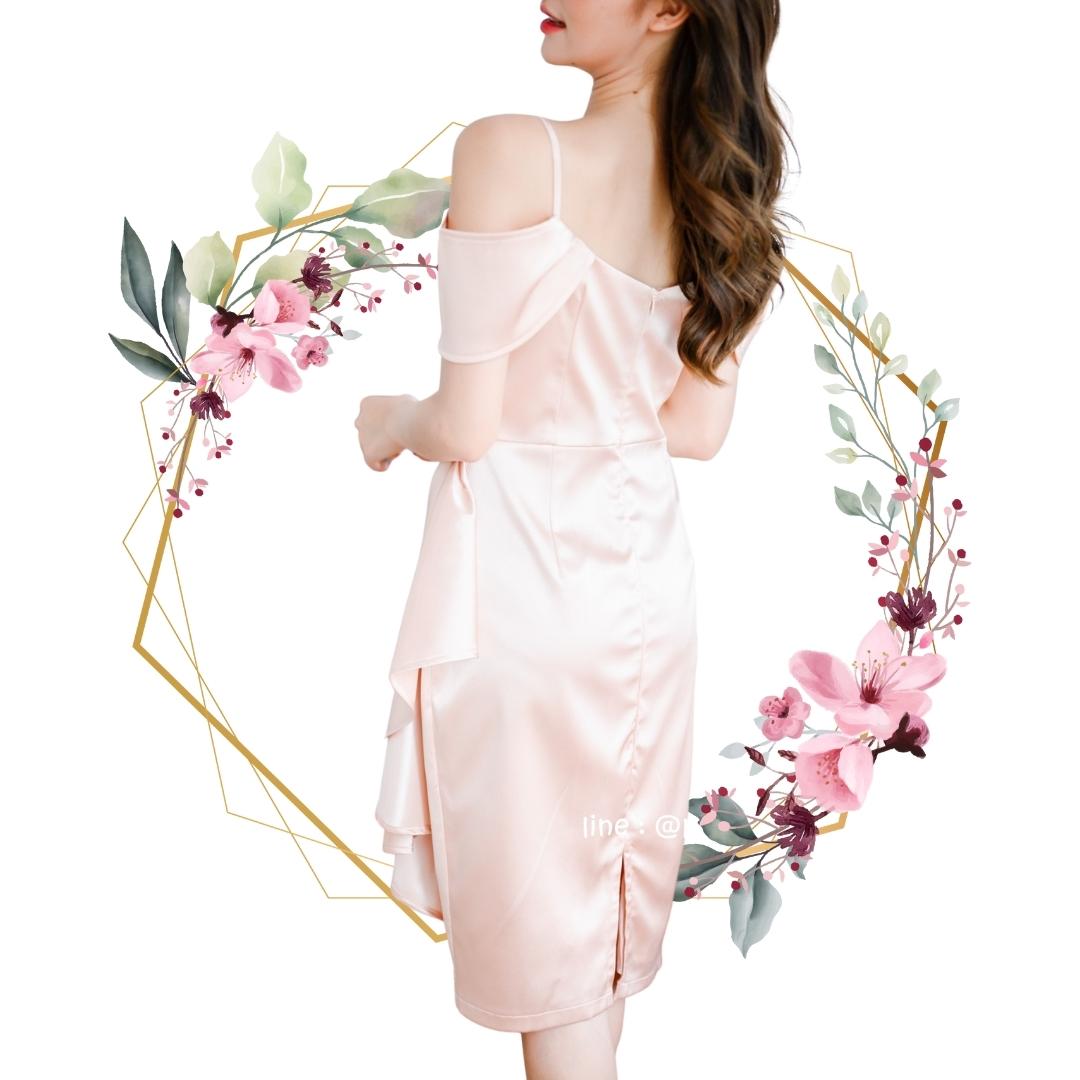 ชุดไปงานแต่งงานสีทองโรสโกลด์ สายเดี่ยว คอวี เว้าไหล่ปิดต้นแขน ทรงเข้ารูป เรียบ หรู ดู แพง ใส่ได้ทั้งงานกลางวัน งานกลางคืน เพื่อนเจ้าสาว งานราตรี