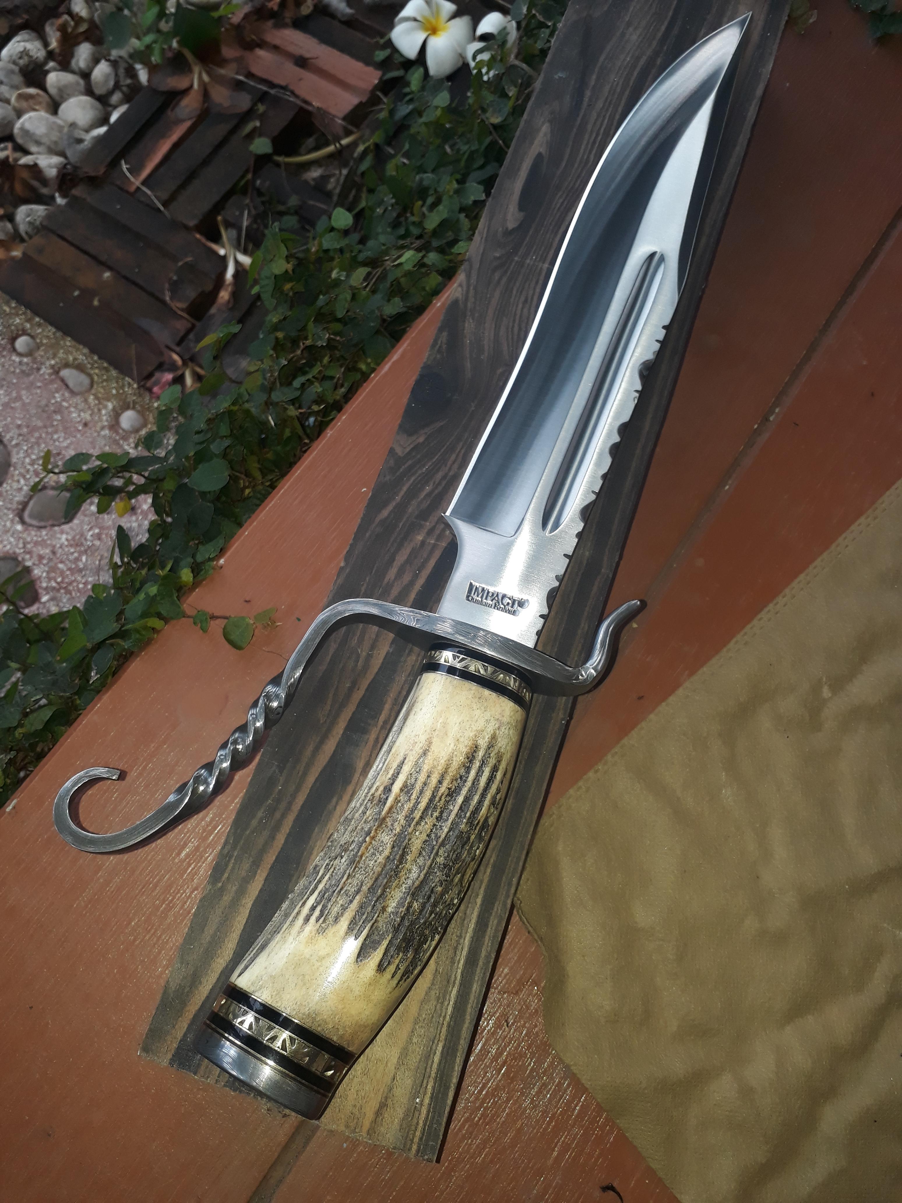 IMPACT CUTLERY RARE CUSTOM 1 OF A KIND BOWIE KNIFE STAG ANTLER DAMASCUS GUARD