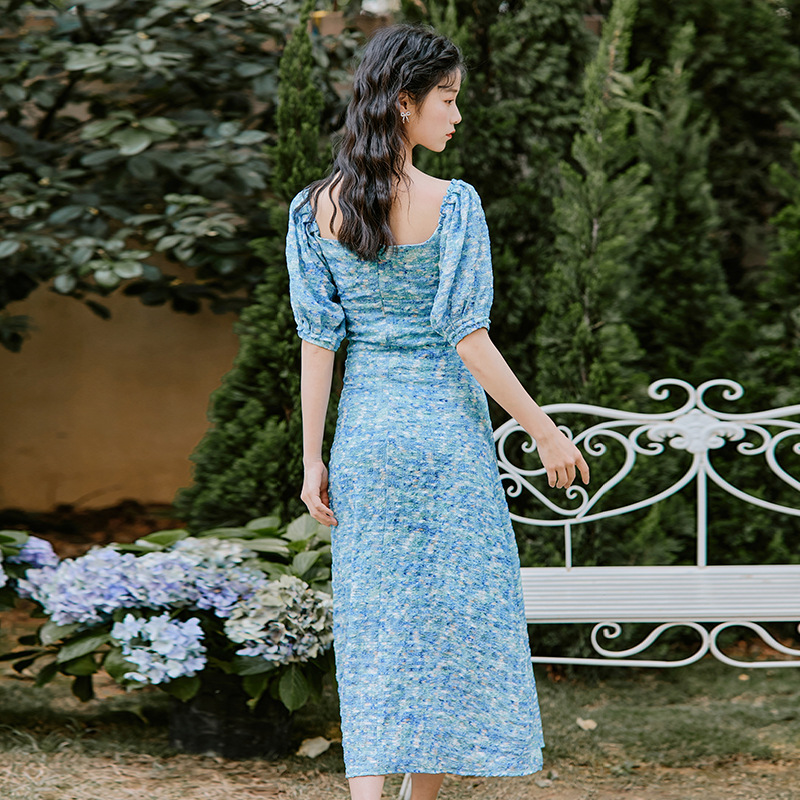 ชุดเดรสยาวสีฟ้า แขนจั๊มตุ๊กตา สวยๆ น่ารักๆ ใส่เป็นชุดเดรสลำลอง ชุดใส่เที่ยวทะเล