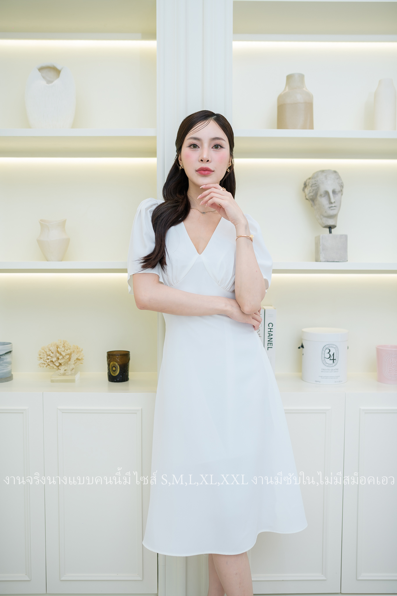 ชุดราตรี ชุดออกงาน ชุดไปงานแต่งงาน เดรสสั้นแขนระบาย กระโปรงคลุมเข่า แนวเรียบหรู สวยดูดี ใส่ได้ทั้งงานกลางวัน/งานกลางคืน : สี ขาว/ฟ้า/ชมพู