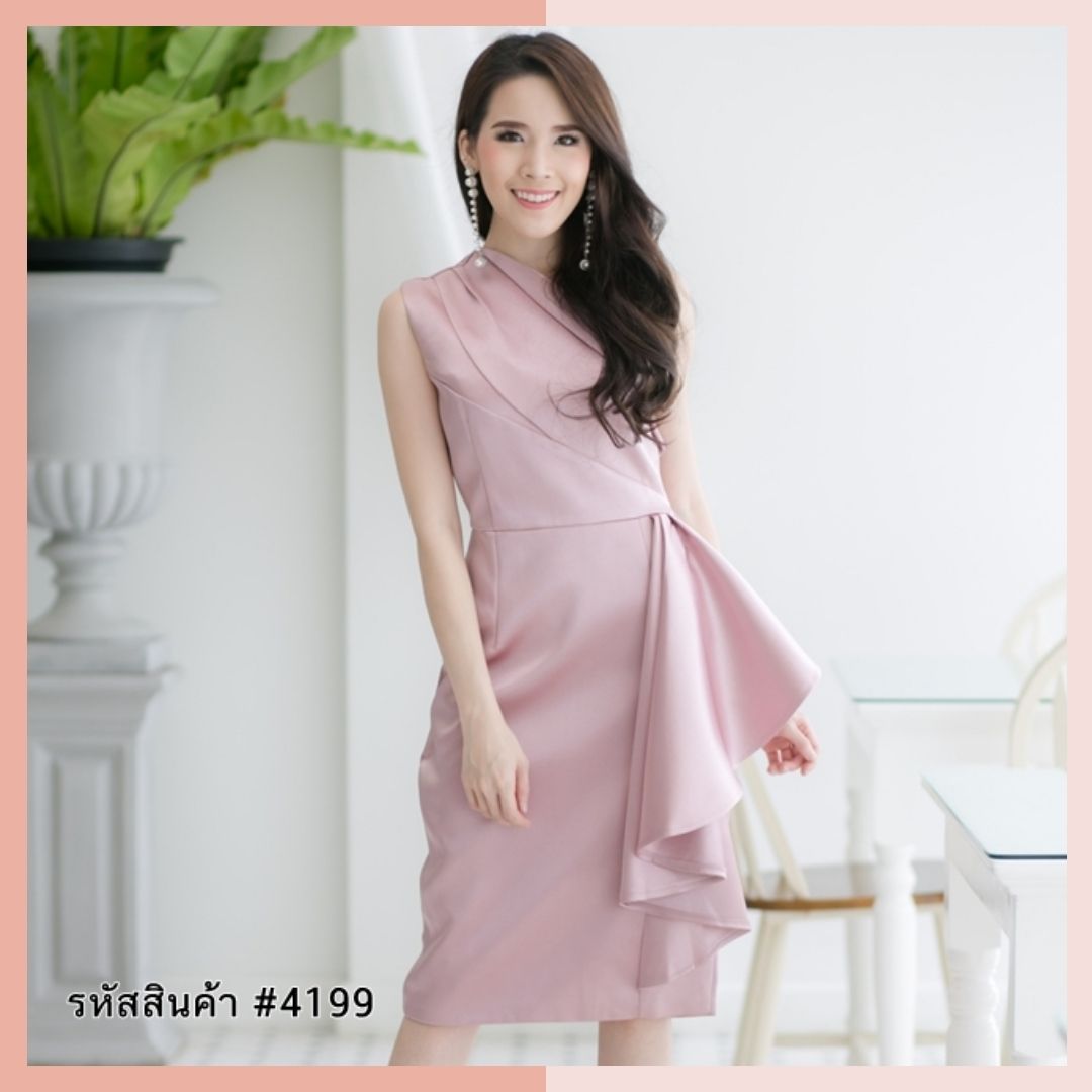 ชุดราตรี ชุดออกงาน ชุดไปงานแต่งสีชมพูพิงค์โกลด์ ไหล่เฉียงข้าง เอวจีบระบาย กระโปรงทรงเอเข้ารูป