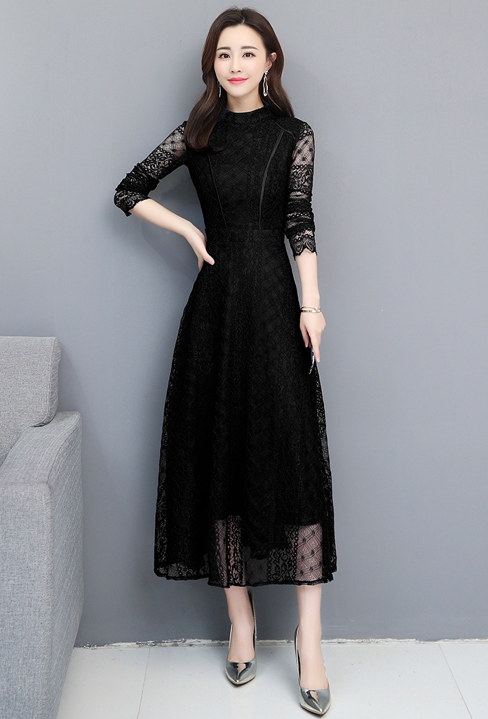 พร้อมส่ง !! ชุดเดรสลูกไม้สีดำ แขนยาว กระโปรงทรงบานคลุมเข่า แนวเรียบหรู สวยสง่า ใส่ดูดีมากๆ