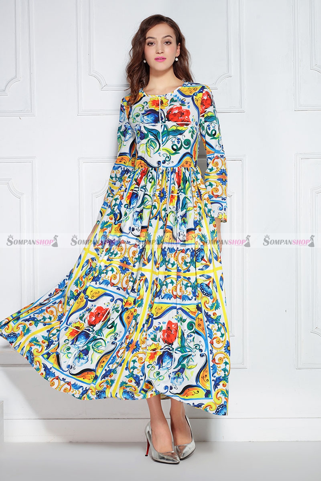 ชุดเดรสยาวพิมพ์ลายสวยเก๋ คอกลม แขนยาว กระโปรงยาวทรงปล่อย