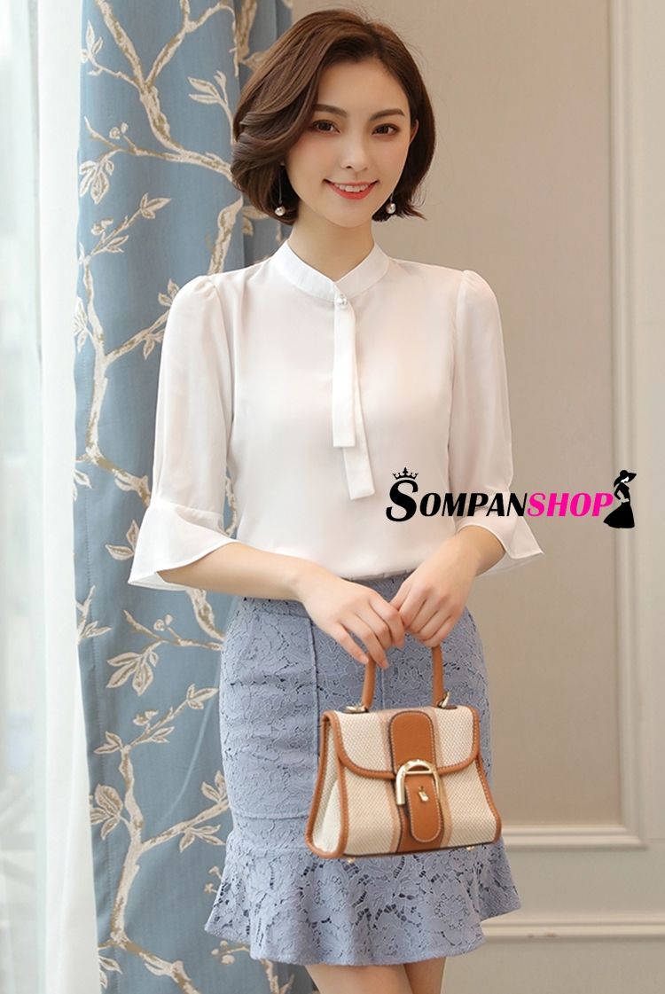 เสื้อเชิ้ตผู้หญิงสีขาว แขนสี่ส่วน ผ้าชีฟอง ลุคเรียบร้อย สวยๆ สไตล์สาวออฟฟิศ