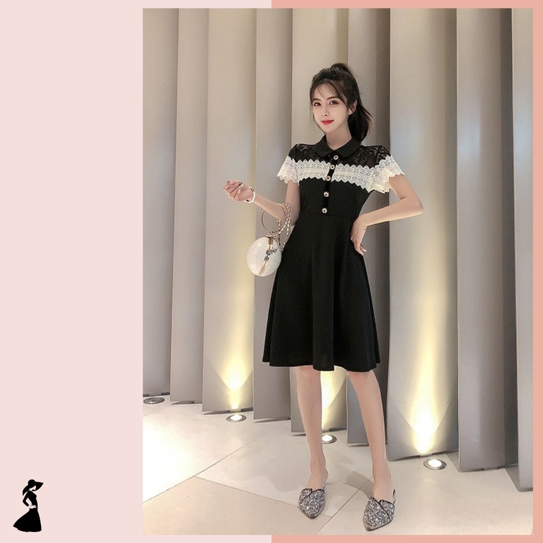 ชุดเดรสสั้นสีดำ แต่งลูกไม้ แนวเรียบร้อย สวยสุภาพ ใส่ทำงาน