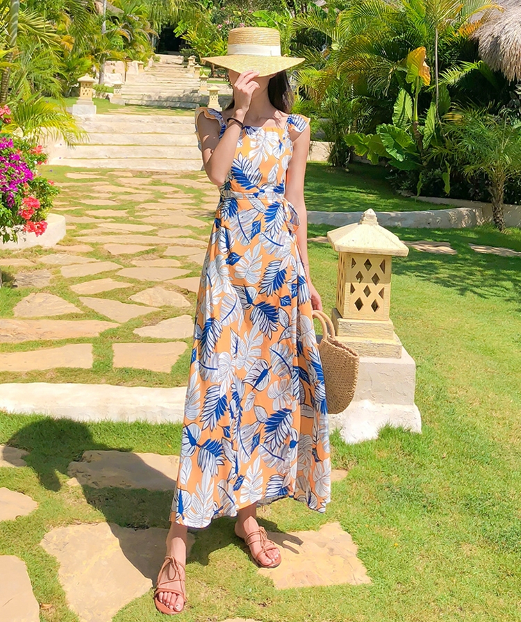 ชุดไปทะเล เดรสเที่ยวทะเล เดรสยาวสีเหลืองพิมพ์ลายสวยๆ เก๋ๆ แฟชั่นแต่งตัวไปทะเลน่ารักๆ