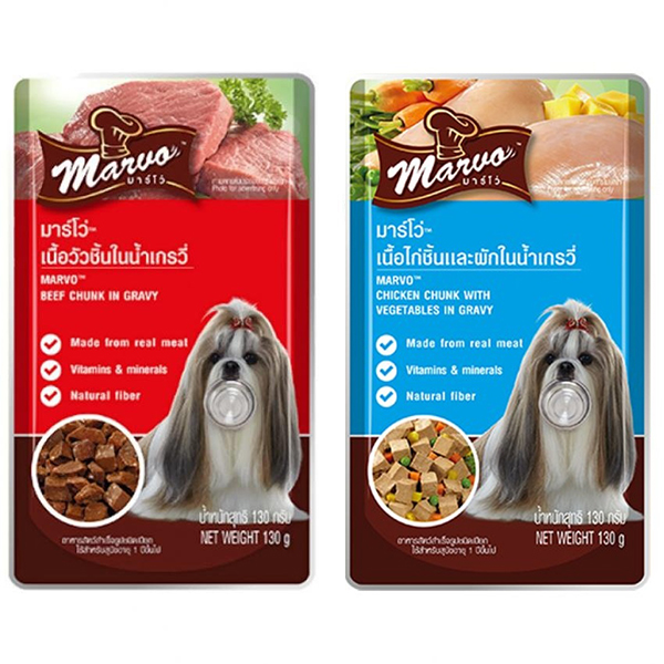 Marvo มาร์โว่ อาหารสุนัขชนิดเปียกในน้ำเกรวี่ 130g x 12 ซอง