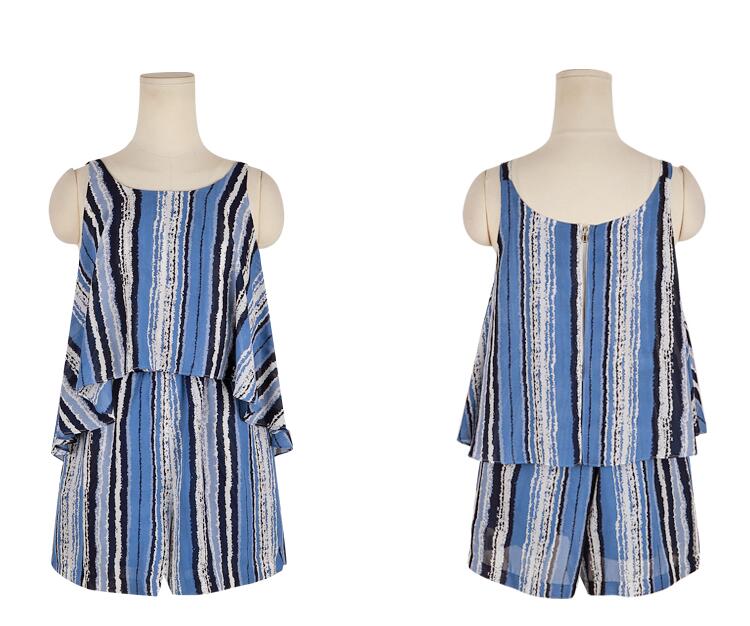 จั๊มสูทกางเกงขาสั้นสีฟ้า แขนกุด ช่วงอกแต่งระบาย แฟชั่นใส่เที่ยวทะเลน่ารักๆ