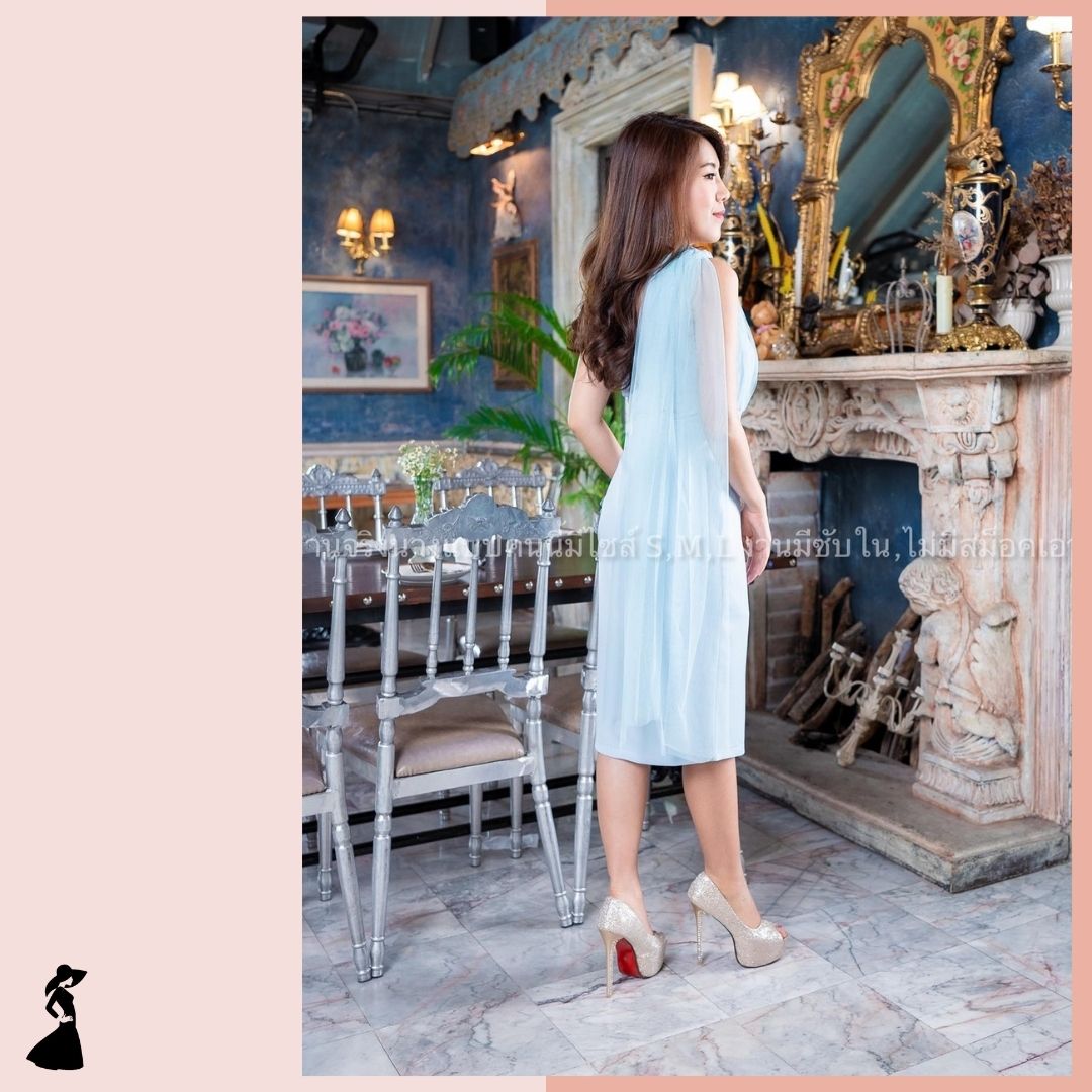 ชุดราตรี ชุดออกงาน ชุดไปงานแต่งงานสีฟ้า ไหล่เฉียงข้างแต่งผ้าซีทรู เรียบหรู สวยดูดี