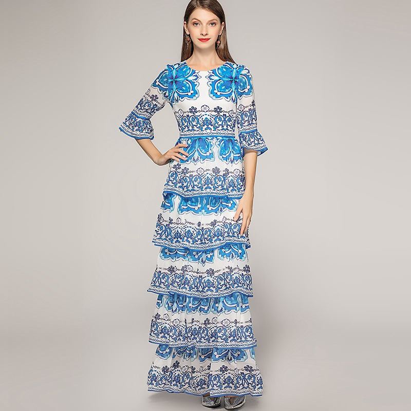 SALE ชุดเดรสยาวสีน้ำเงิน พิมพ์ลายสวยเก๋ กระโปรงระบายเป็นชั้นๆ ชุดเดรสคนอ้วนไซส์ใหญ่