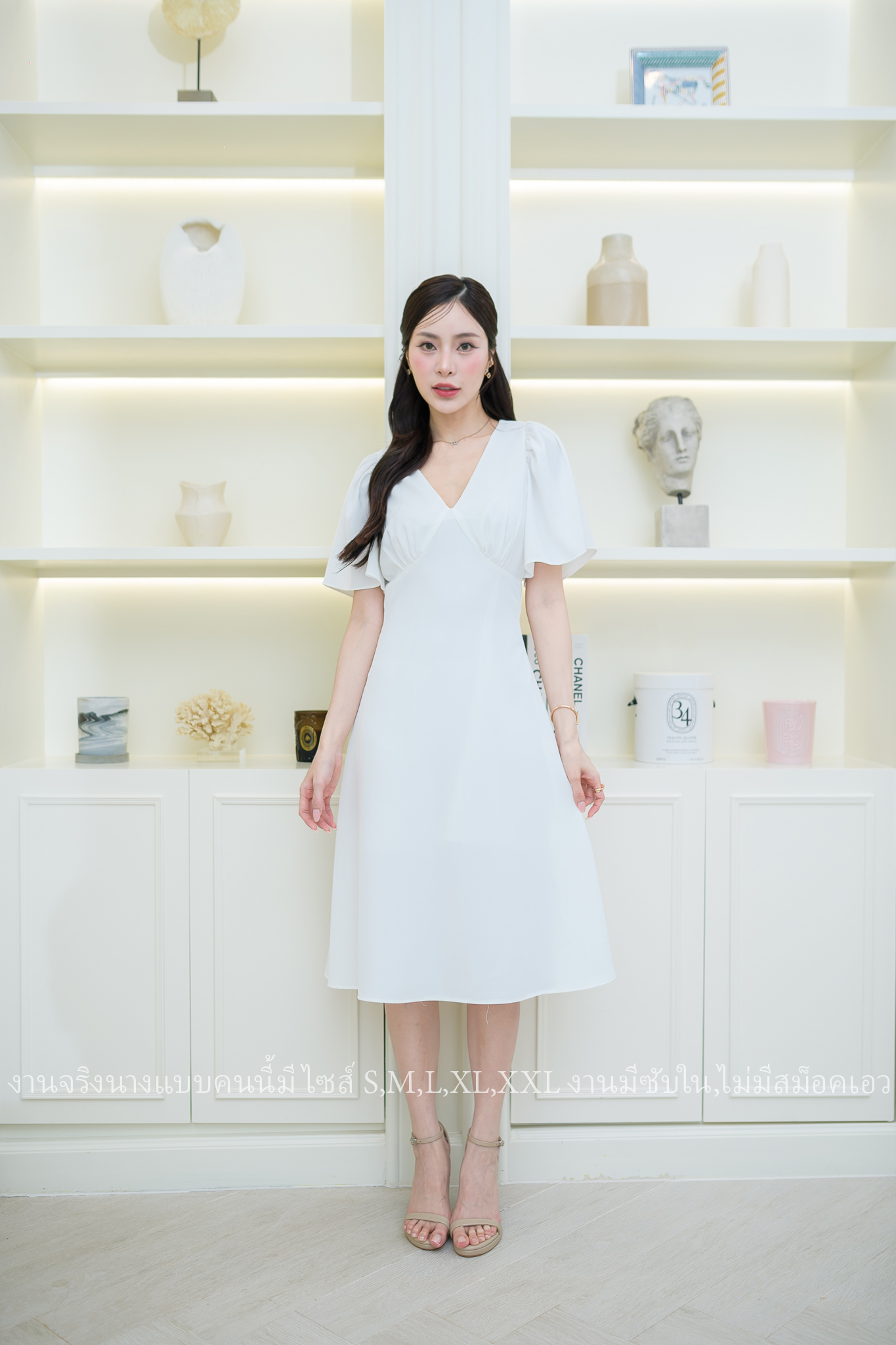 ชุดราตรี ชุดออกงาน ชุดไปงานแต่งงาน เดรสสั้นแขนระบาย กระโปรงคลุมเข่า แนวเรียบหรู สวยดูดี ใส่ได้ทั้งงานกลางวัน/งานกลางคืน : สี ขาว/ฟ้า/ชมพู