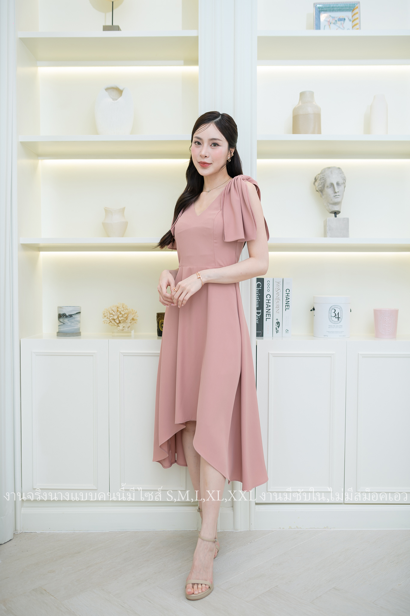 ชุดราตรี ชุดออกงาน ชุดไปงานแต่งงาน เดรสไหล่โบว์กระโปรงหน้าสั้นหลังยาว แนวเรียบหรู สวยดูดี ใส่ได้ทั้งงานกลางวัน/งานกลางคืน : สี ขาว/ฟ้า/ชมพู/เขียวมิ้นพาสเทล