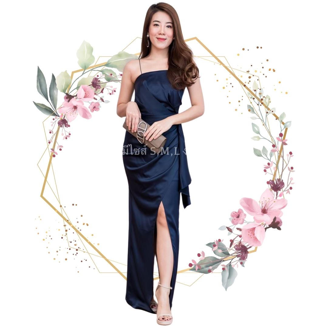 ชุดราตรี ชุดออกงาน ชุดไปงานแต่งงานสีกรมท่า เดรสยาวออกงานสายเดี่ยวเอวระบายสวยๆ