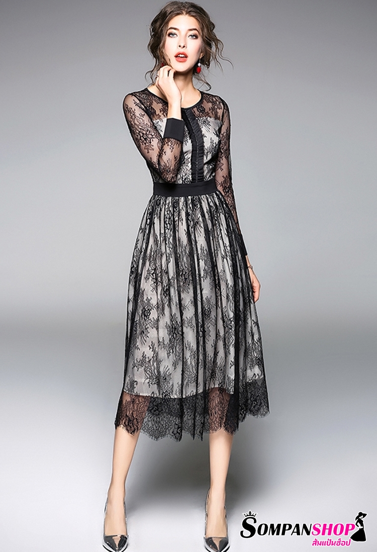 ชุดเดรสลูกไม้สีดำ แขนยาว เรียบหรู สวยหรูดูแพง ใส่แล้วดูดีมากๆ