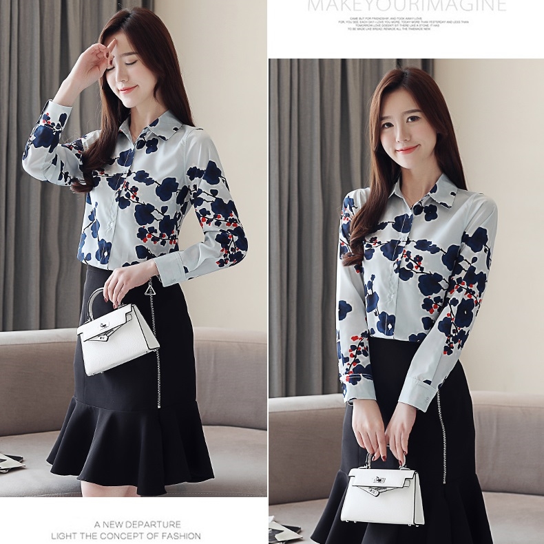 เสื้อเชิ้ตผู้หญิงสีฟ้าอมเทา แขนยาว ผ้าชีฟอง คอปก กระดุมหน้า