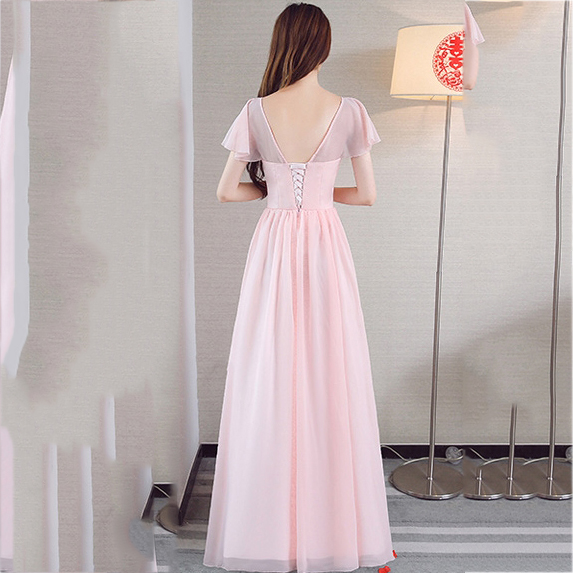 ชุดราตรียาวสีชมพูโอรส แขนสั้น ลุคเรียบๆ สวยสง่า ดูดี