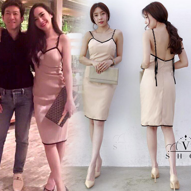 ชุดออกงาน ชุดไปงานแต่งงาน สีครีม เดรสสายเดี่ยว แต่งขอบลูกไม่อย่างดี