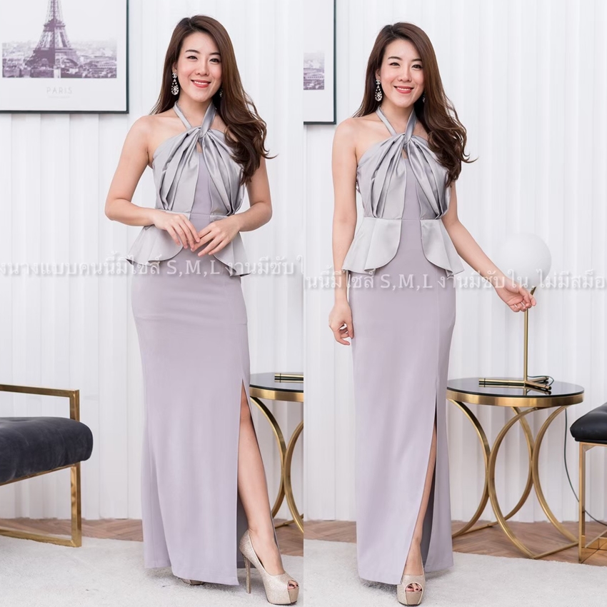 ชุดราตรี ชุดออกงาน ชุดไปงานแต่งงานสีเทา เดรสยาวออกงานคล้องคอผูกโบว์ เอวระบาย ลุคเรียบหรูดูดี