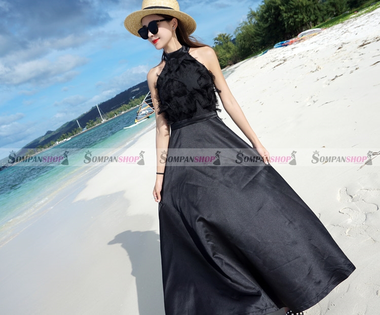 SALE : ชุดเดรสยาวสีดำ แขนกุด แต่งขนฟรุ้งฟริ้งน่ารัก กระโปรงยาวทรงบาน แนวสวยหวาน น่ารักๆ