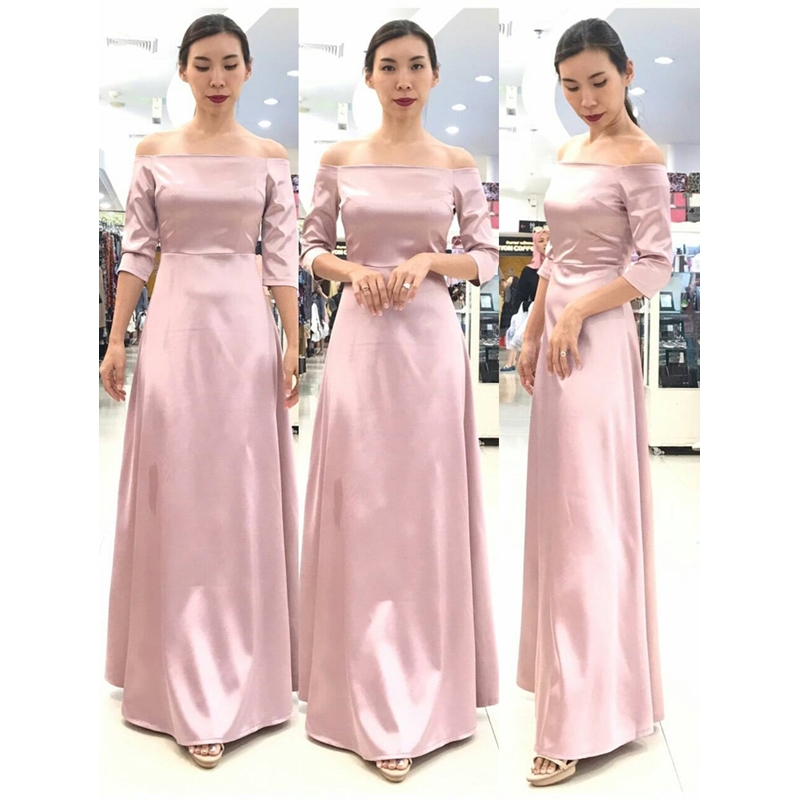 ชุดออกงานราตรียาวสีชมพู เปิดไหล่ แขนสามส่วน กระโปรงทรงบาน : M L XL